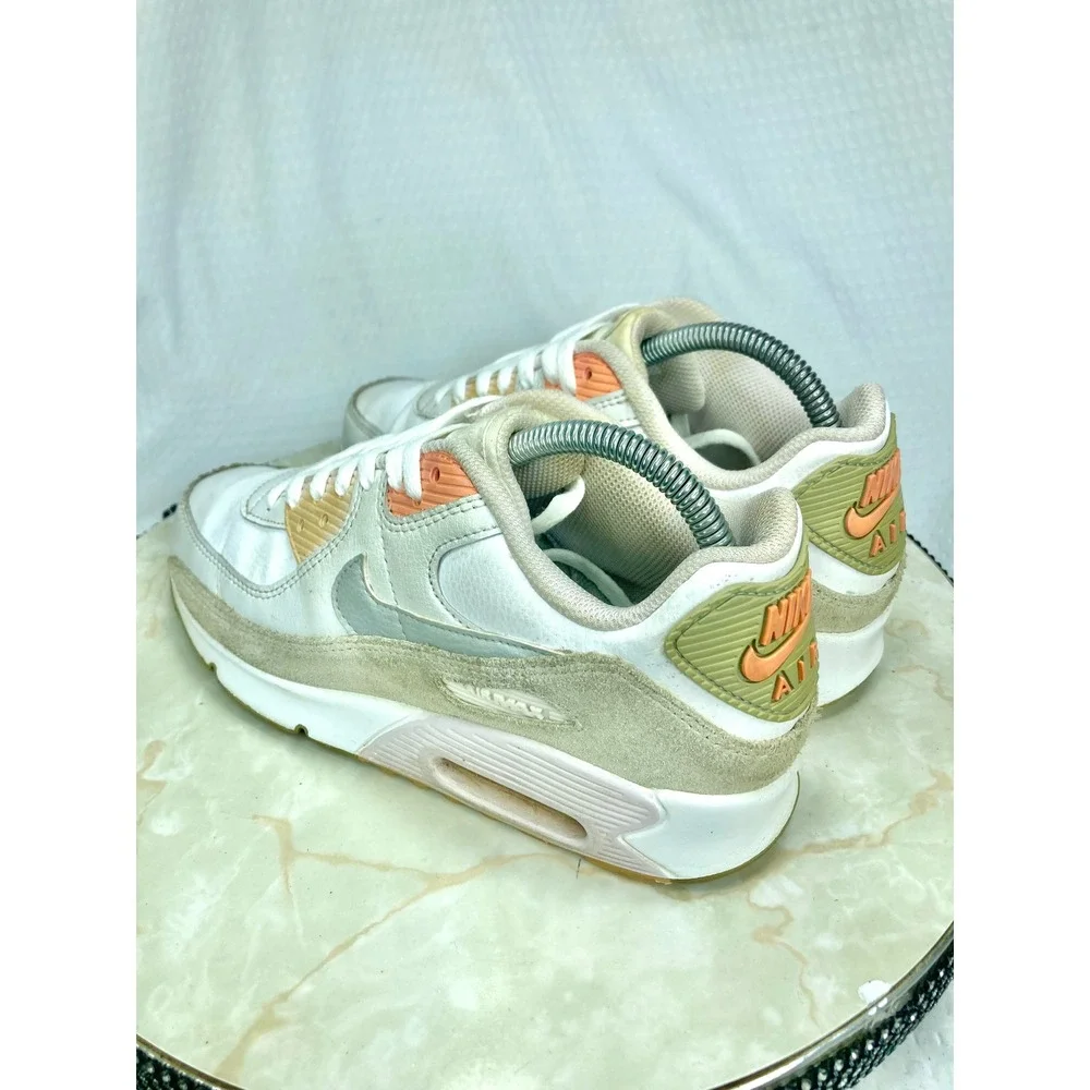 Nike Air Max 90 Low Top Shoes Women 8 White Tan Coral Streetwear Sporty Sneakers